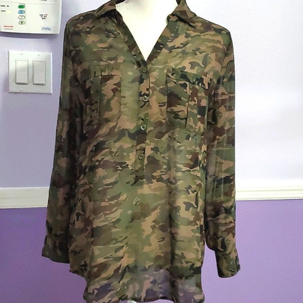 A.N.A Trendy Camo Long Sleeve Flowy Utility Pockets Quarter Button Down Shirt MP